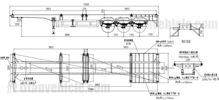 Drawing of Tri Axle Container Semi Trailer for Sale